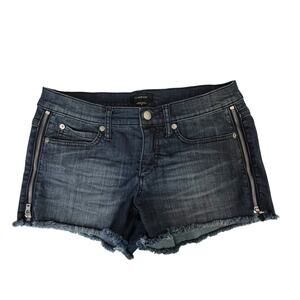 Bebe Women’s Denim Jean Shorts Size 28 Dark Wash Frayed Hem Zipper Detail